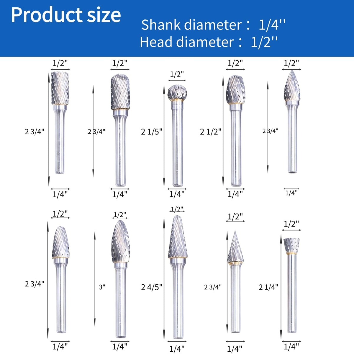 SKWOTZKOFF 10PCS Carbide Burr Set 1/4" Shank 1/2" Head Die Grinder Bits