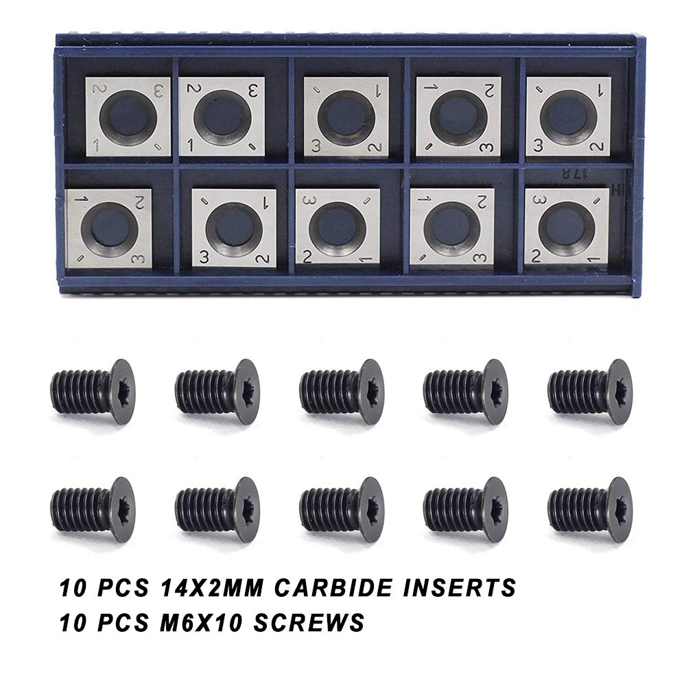 YUFUTOL 14mm Square Straight Carbide Cutter Insert(14mm length X14mm widthX2.0mm thickness),Pack of 10, Designed for Spiral/Helical Planer Cutter Head Wood Lathe Tool with 10pcs M6x10 Screws