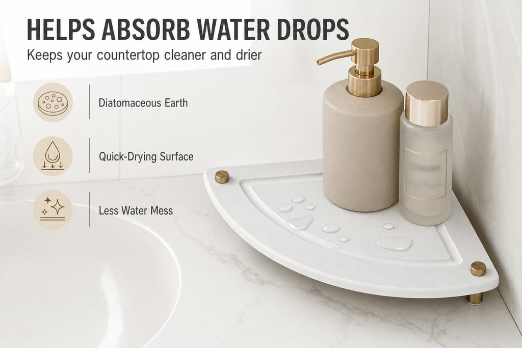 Corner Counter Shelf, Water Absorbing Stone Drying Tray Mat for Kitchen & Bathroom Sink, Diatomaceous Gold Faucet
