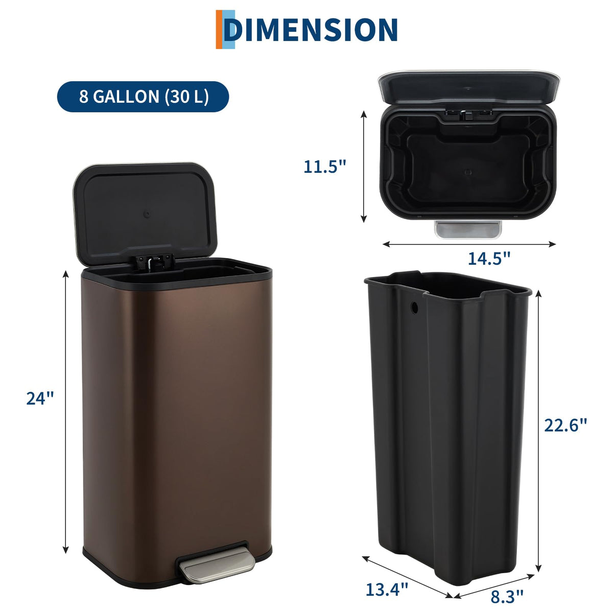 8 Gallon Brown Stainless Steel Kitchen Trash Can - Rectangular Foot Pedal Garbage Bin with Soft-Close Lid & Removable