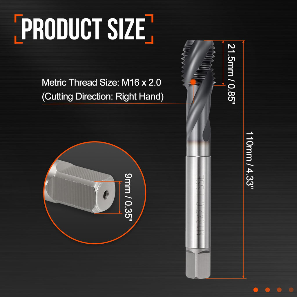 Workkyma M16 x 2.0 Spiral Flute Thread Tap M35 High Speed Steel TICN