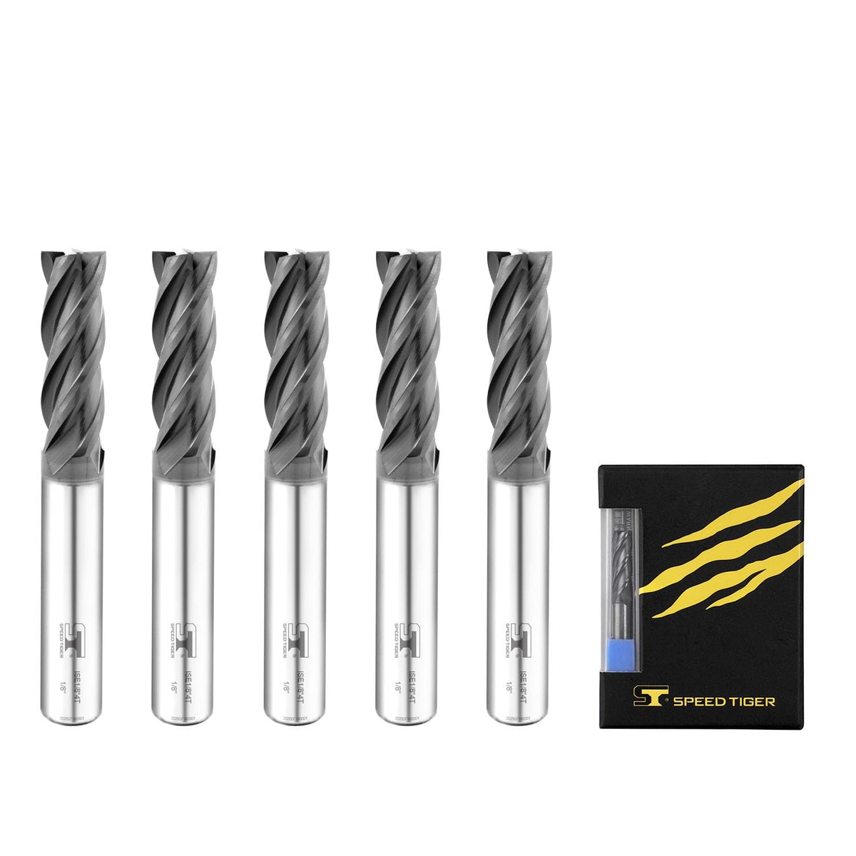 SPEED TIGER ISE Carbide End Mill 1/8” – 4 Flute, Square Nose, AlTiBN Coated, CNC Router Bit for Hardened Steel, Alloy Steel, Stainless Steel – Made in Taiwan, 5-Pack