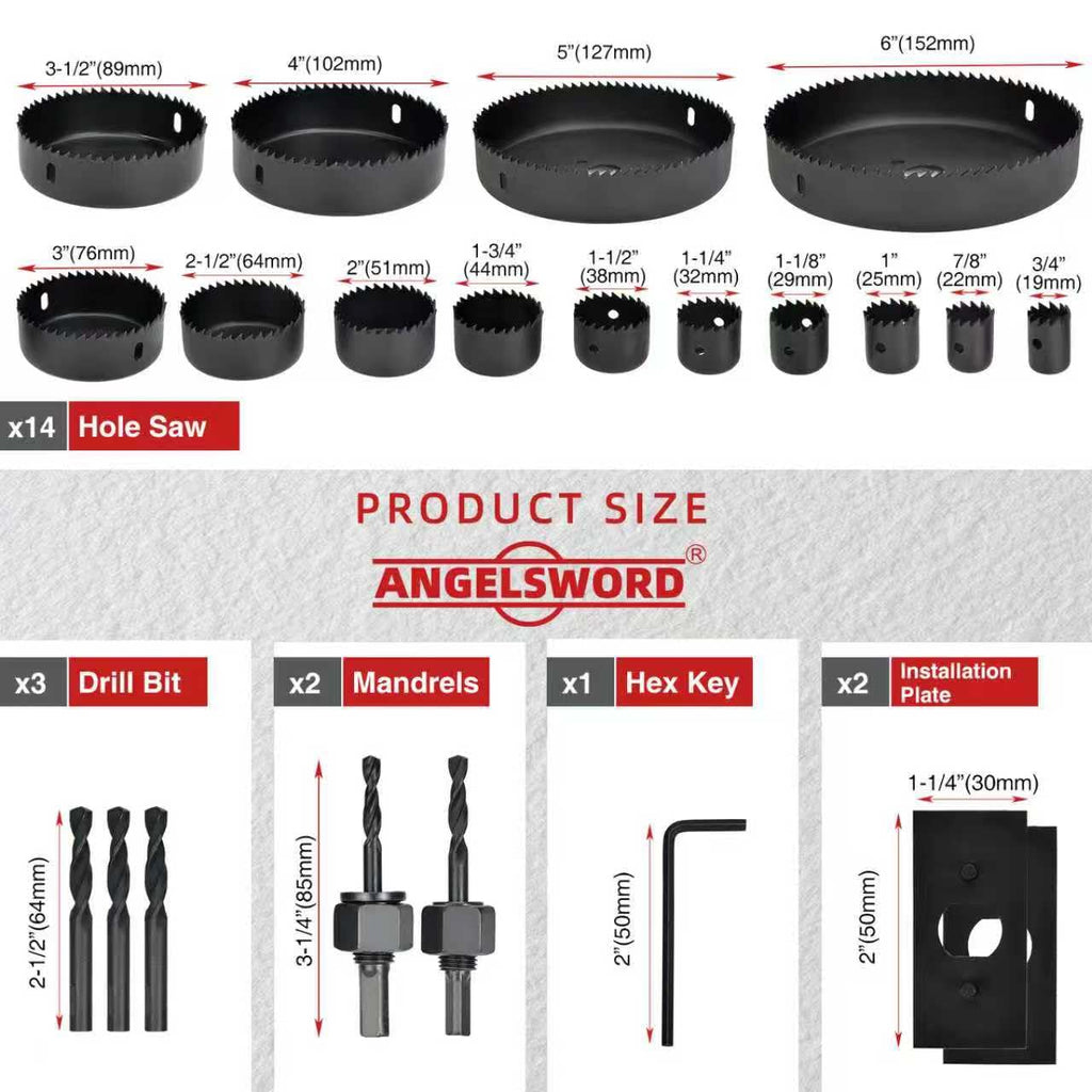 ANGELSWORD Hole Saw Kit,Hole Saw Set,24pc for Drywall,Softwood,Plywood,PVC