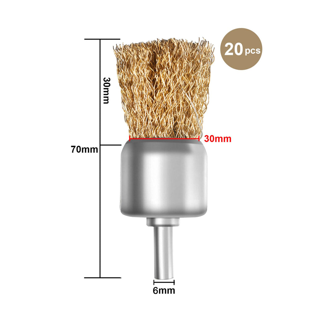 ATOPLEE 20pcs Brass Coated Wire Brush Wheel & Cup Brush Set with 1/4 Inch Round Shank,Diameter 1-3/16‘’（30mm） Crimped Wire Brush Wheel for Rust Removal, Corrosion and Scrub Surfaces,for Drill Attachme