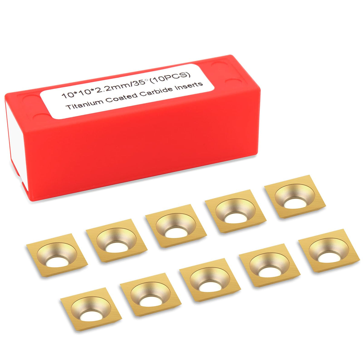 TiN Coated Square Corner Carbide Inserts 4 Edges, 10 * 10 * 2.2mm, 30 Degree Cutting Angle, 10pcs, Countersink Hole (Gold)