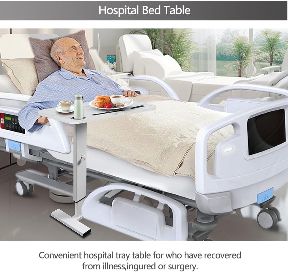 Overbed Table with Wheels & USB,Pneumatic Height Adjustable Bedside Table