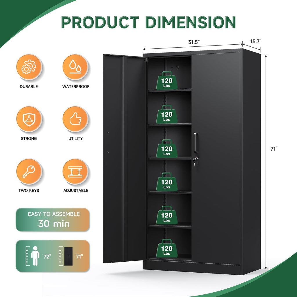 Metal Storage Cabinets with Lock Doors,Tall Locker Organizer Steel Garage Cabinets, 5 Adjustable Layers Shelves for