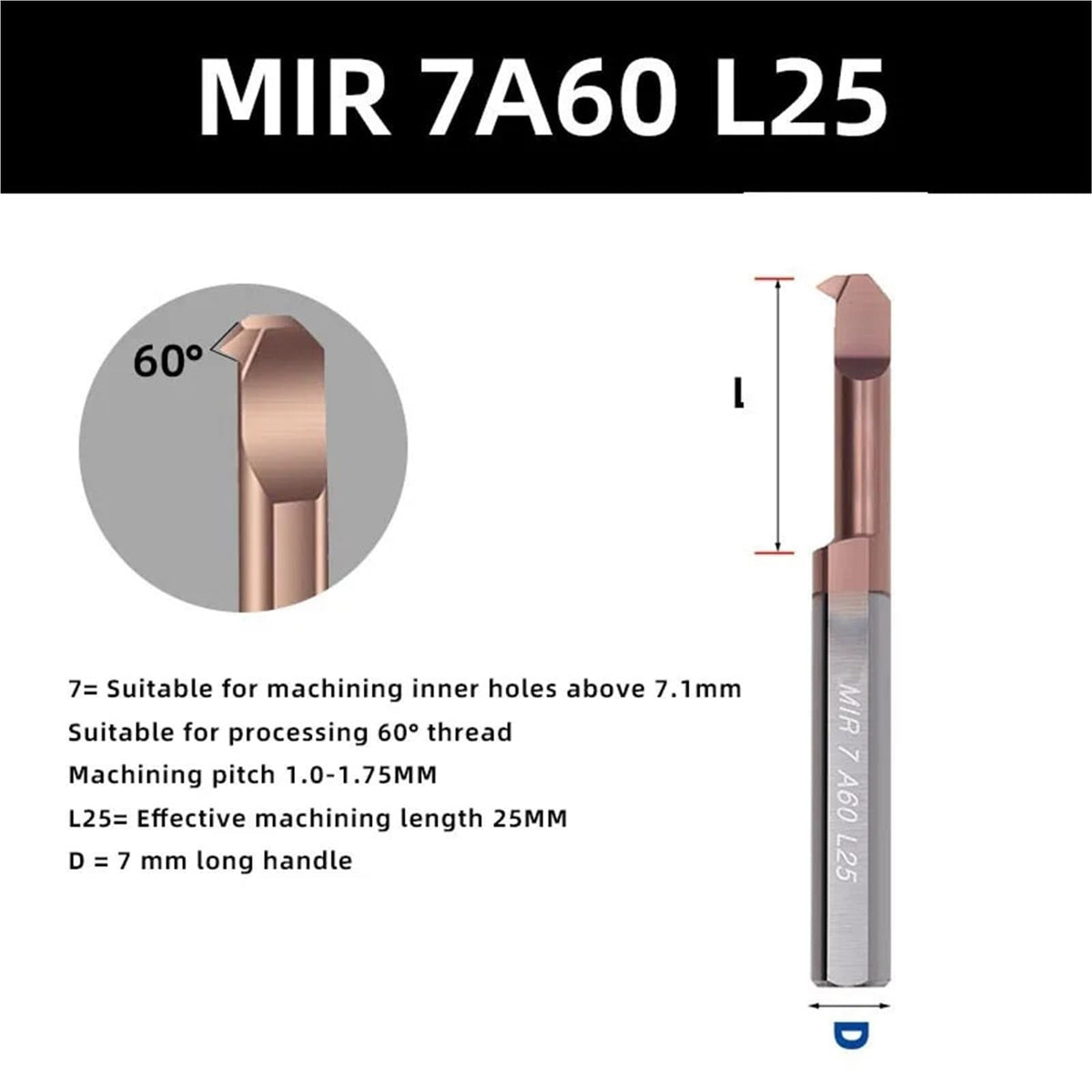 Boring Cutter MIR Boring Cutter for Threading Coated Carbide Internal Lathe Turing Tool Copying Small Hole(MIR 7 A60 L25)
