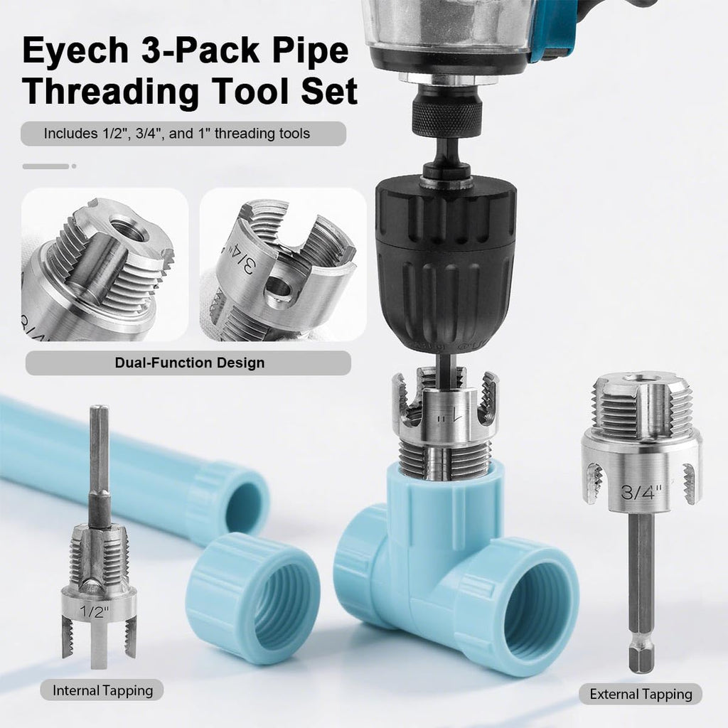 Eyech 3PCS PVC Pipe Threader Kit 1/2" 3/4" 1" NPT, Internal & External Pipe Thread Cutting Tool, Pipe Threader Drill Attachment, Plastic PVC PPR Pipe Threading Tool Set