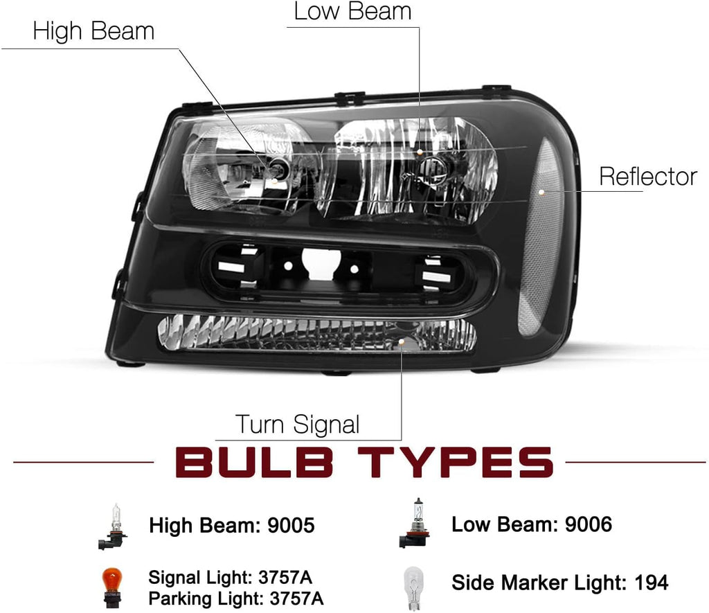JSBOYAT Headlight Assembly Fit for 2002-2009 Chevy Trailblazer