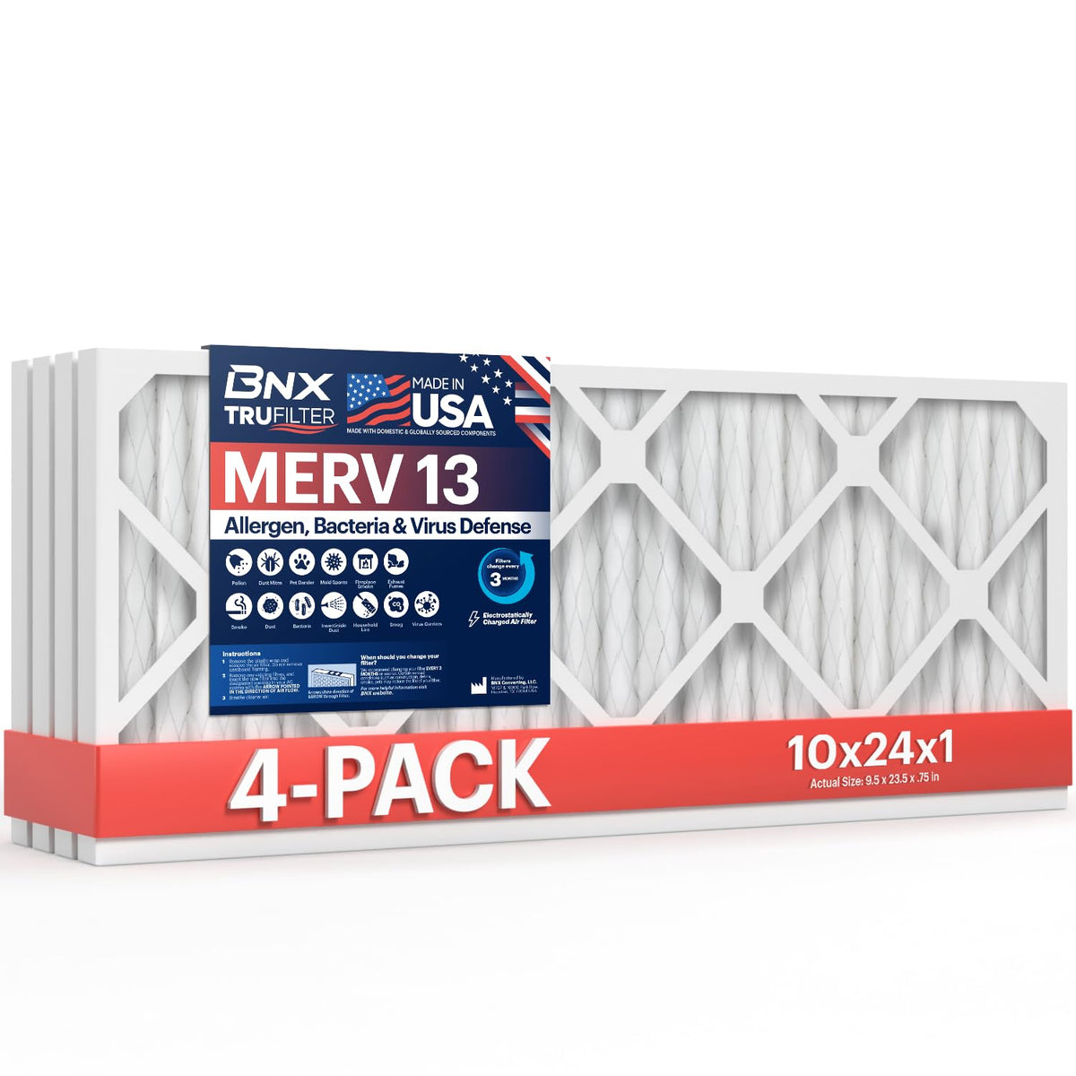 TruFilter 10x24x1 Air Filter MERV 13 (4-Pack) - MADE IN USA - Electrostatic Pleated Air Conditioner HVAC AC Furnace