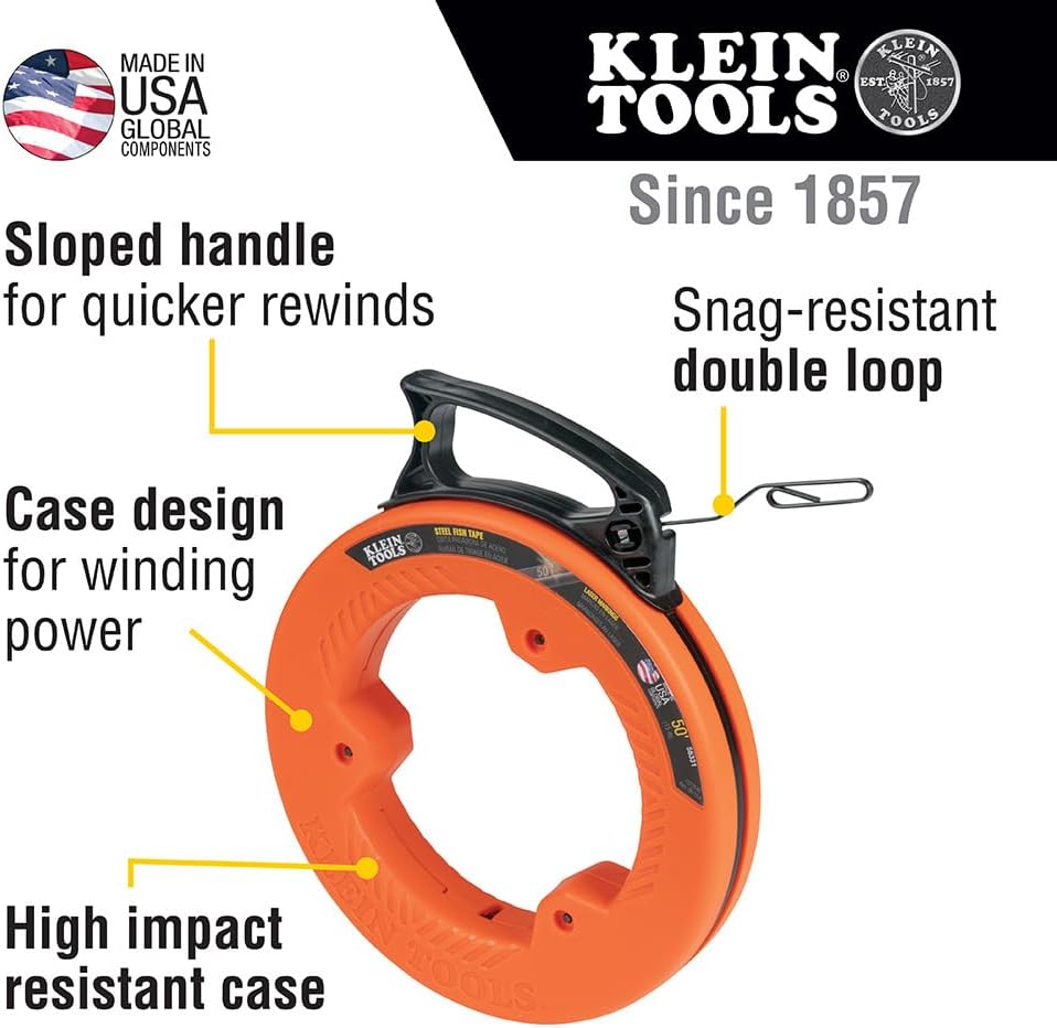 56331 50-Foot Electrical Fish Tape, Steel Wire Puller with Double Loop Tip, Optimized Housing and Handle, 1/8-Inch