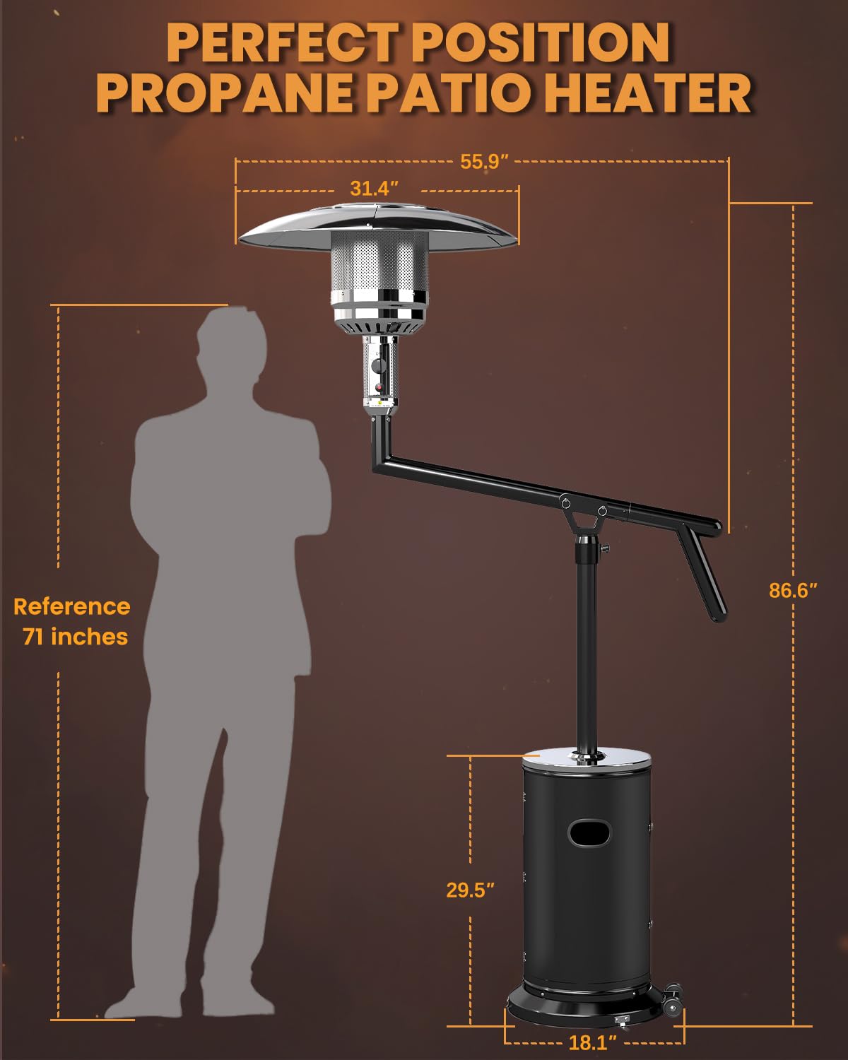 Perfect Position Pyramid Patio Heater,Outdoor Heater with Swivel Arm