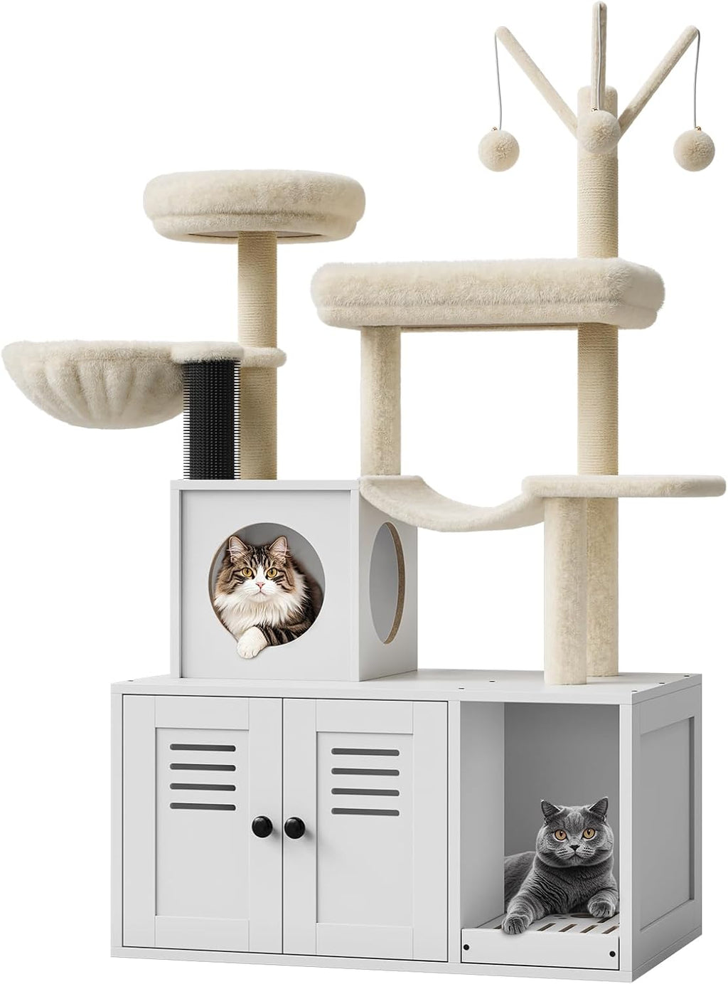 Litter Box Enclosure with Cat Tree Tower with Condo Hammock Scratching Posts and Multiple Soft Perches