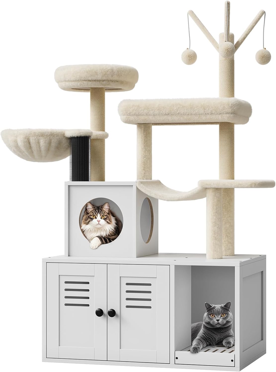 Litter Box Enclosure with Cat Tree Tower with Condo Hammock Scratching Posts and Multiple Soft Perches