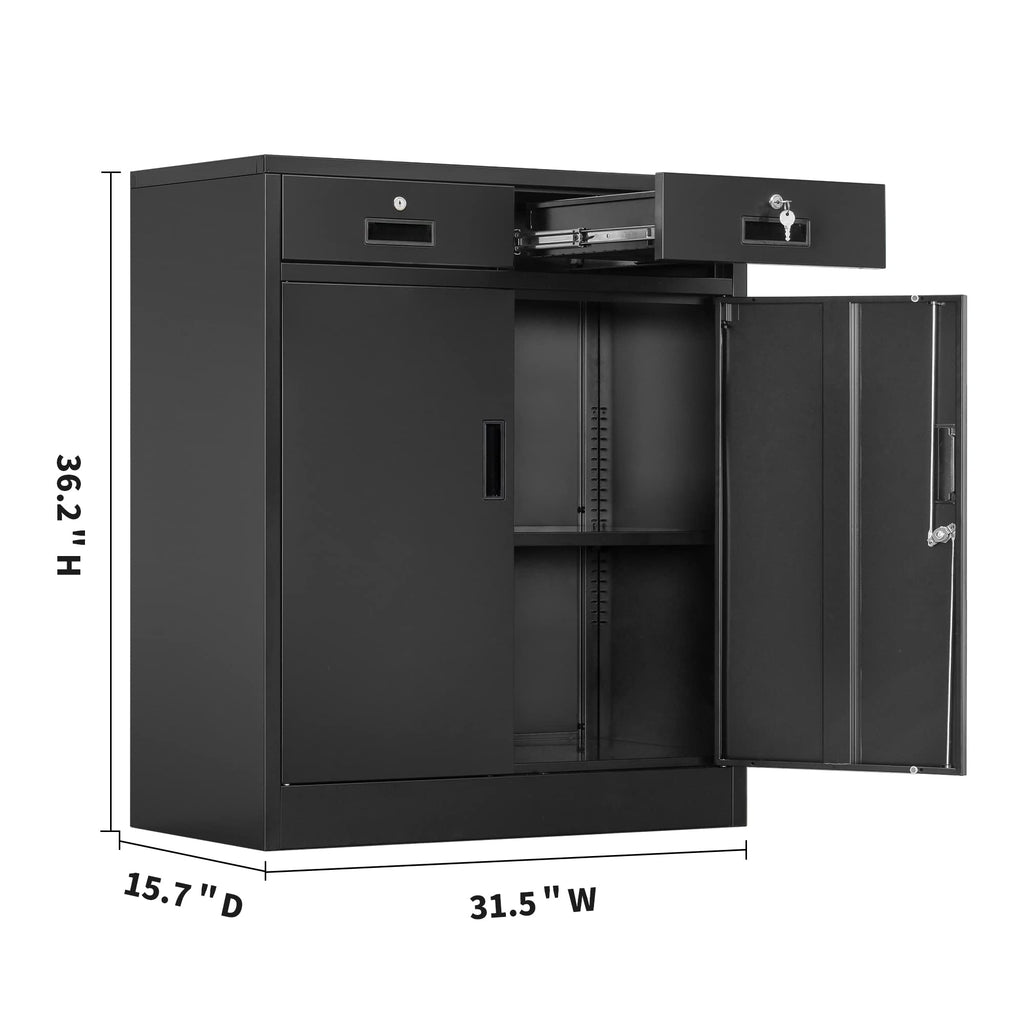 Metal Storage Cabinet, 36" H Locking Storage Cabinet with 2 Drawers and Adjustable Shelf, Metal Cabinets for Office