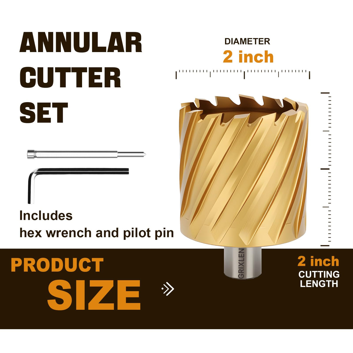 GRIXLEN 2"x2" HSS Annular Cutter，Diameter 2"，Cutting Depth 2"