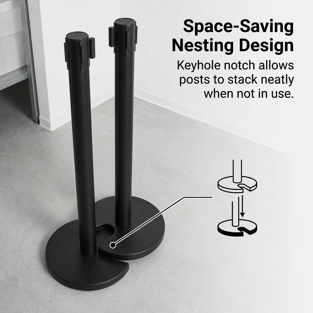 Matte Black Retractable Belt Stanchions, 2 Pack - 6.2ft Belt & Heavy 15lb Steel Base Crowd Control Barriers