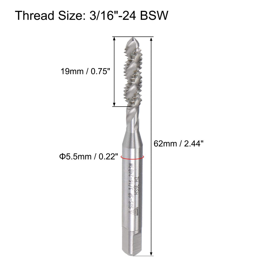 uxcell 3/16"-24 BSW Spiral Flute Thread Tap, Machine Threading Tap HSS-Cobalt Uncoated, Round Shank with Square End, H2 Tolerance