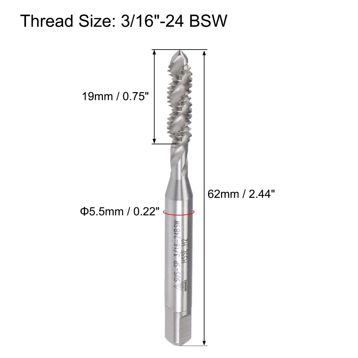 uxcell 3/16"-24 BSW Spiral Flute Thread Tap, Machine Threading Tap HSS-Cobalt Uncoated, Round Shank with Square End, H2 Tolerance