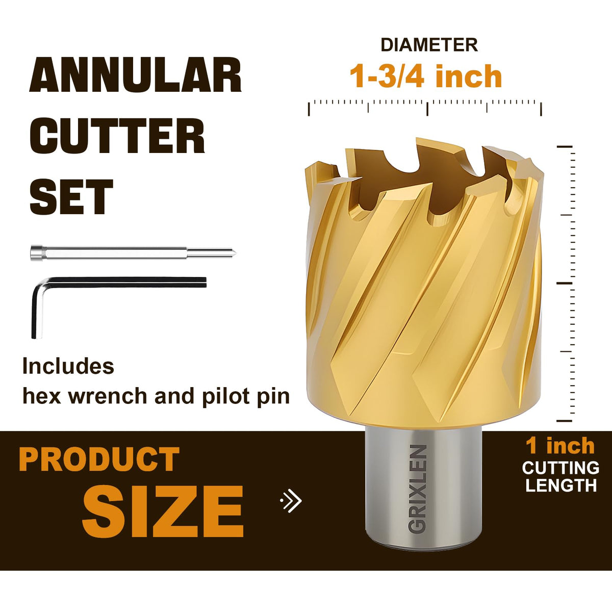 GRIXLEN 1-3/4"x1 HSS Annular Cutter，Diameter 1-3/4"，Cutting Depth 1"
