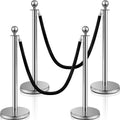 4 Pcs Crowd Control Stanchions and Velvet Ropes 5 ft Poles Silver Crowd Control Barriers Black Ropes Stainless Steel