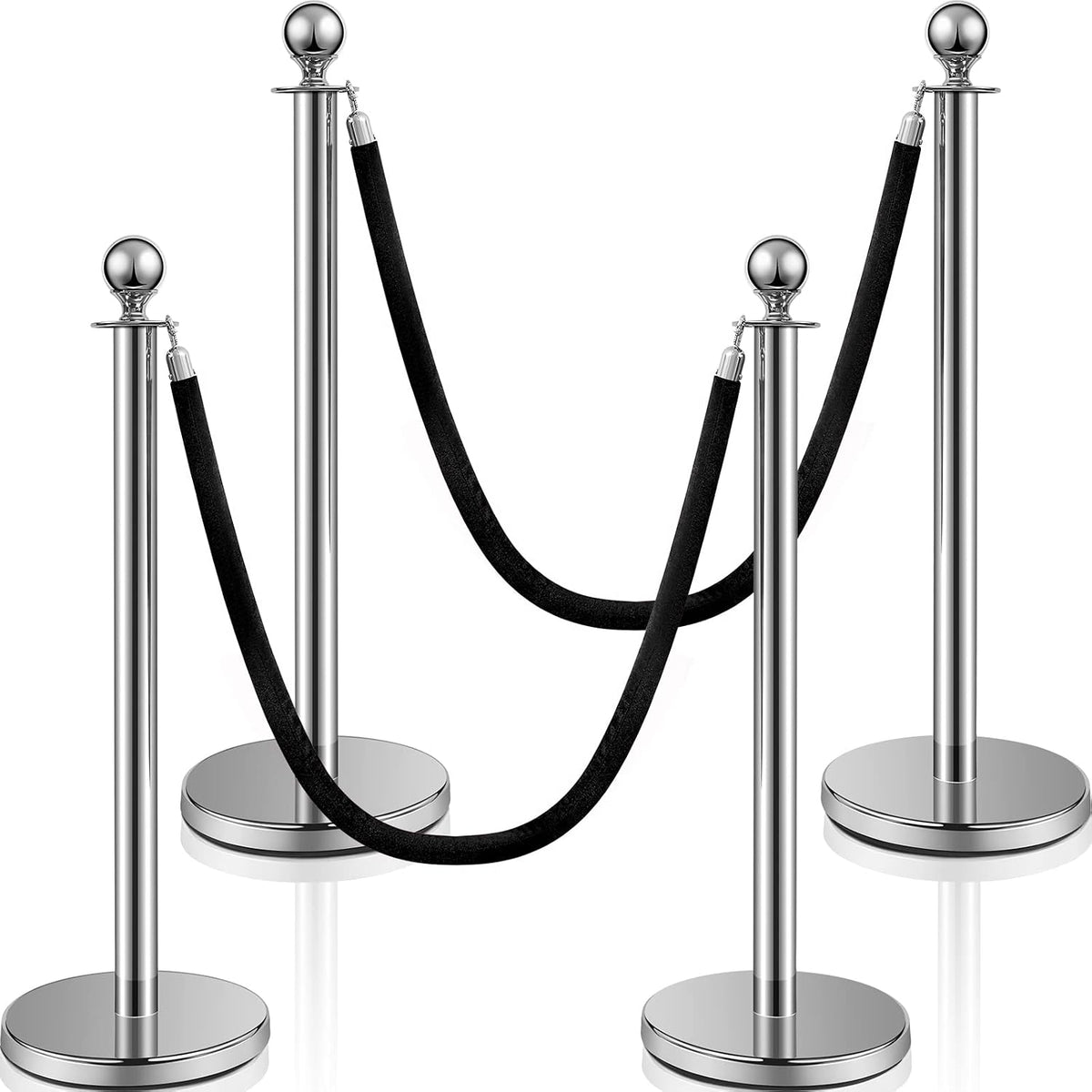 4 Pcs Crowd Control Stanchions and Velvet Ropes 5 ft Poles Silver Crowd Control Barriers Black Ropes Stainless Steel