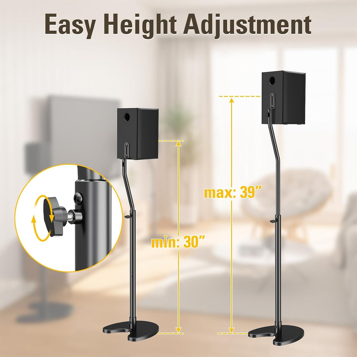 Height Adjustable Speaker Stands, One Pair Floor Stands | Heavy Duty Base Extendable Tube, 11 LBS Capacity Per Stand