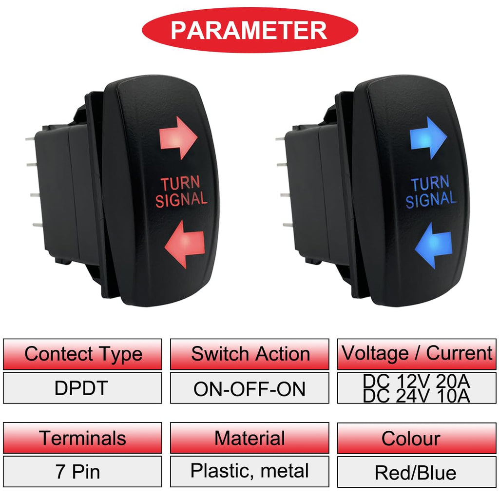 MKBKLLJY 2Pcs Turn Signal Rocker Switch 7Pin ON-Off-ON 12V 20A DPDT Toggle Switch Blue/Red LED Light, with Jumper Wires Set for The ARB/Carling/NARVA 4x4 UTV ATV RZR SXS