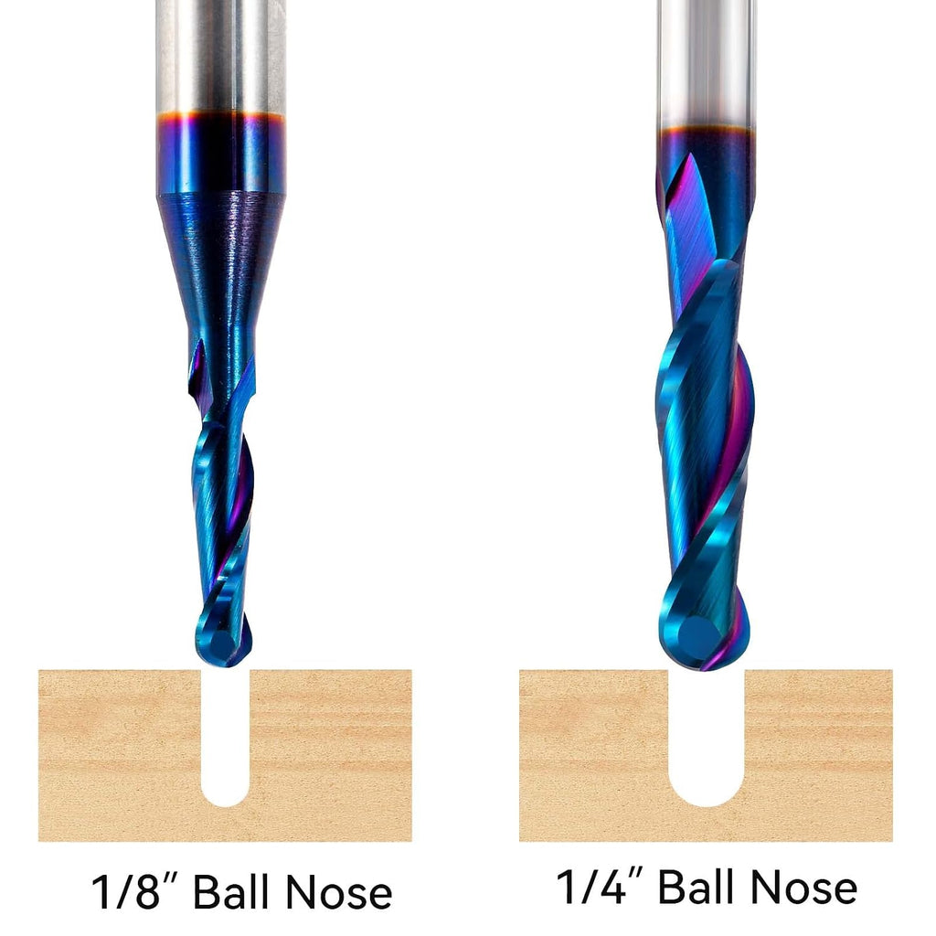 2 PCS Ball Nose Set CNC Router bits Carbide Ball Nose End Mill with Nano Blue Coating for Side Milling. End Milling. Finish Machining. (2 PSC Ball Nose Set)