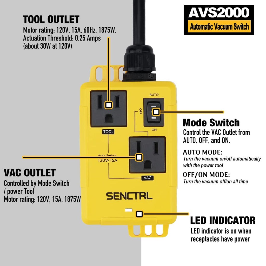 SENCTRL Automatic Vacuum Switch with 5 Ft Power Cord for Power Tool and Vac