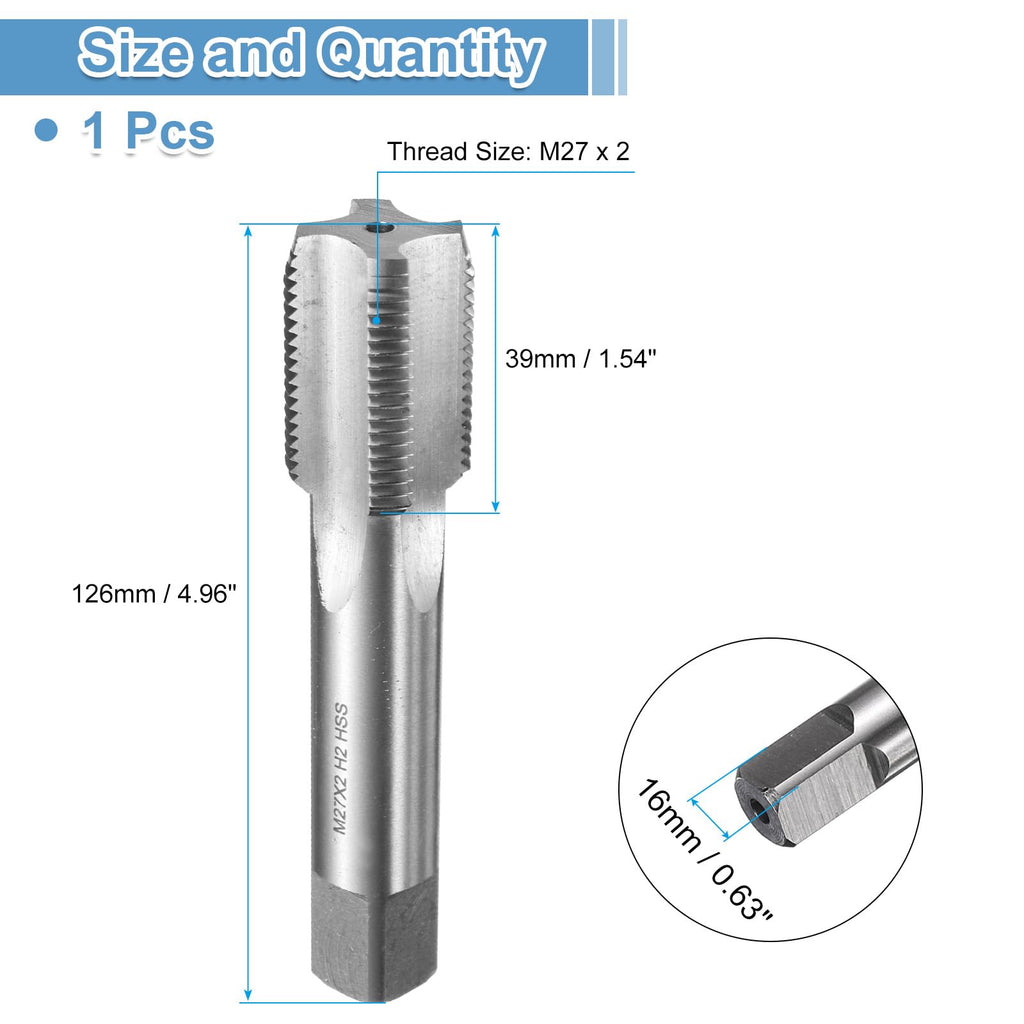 uxcell Hand Bottom Tap M27 x 2 H2 Metric Thread Bottoming Style Threading Taps High Speed Steel HSS6542 Straight Flutes Screw Tapping Tool