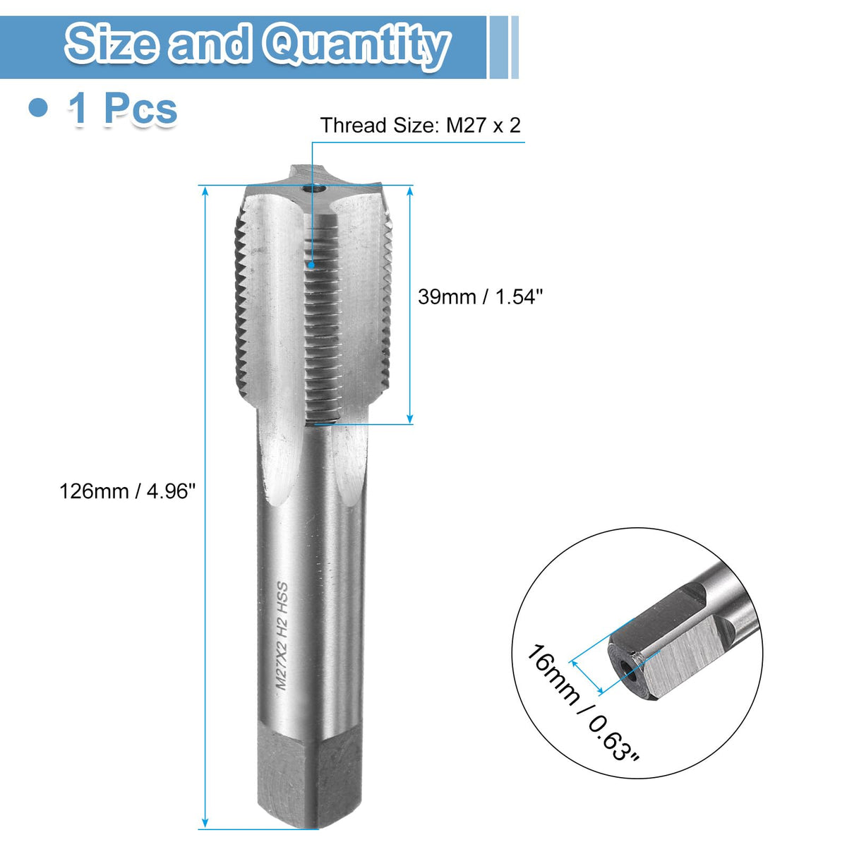 uxcell Hand Bottom Tap M27 x 2 H2 Metric Thread Bottoming Style Threading Taps High Speed Steel HSS6542 Straight Flutes Screw Tapping Tool