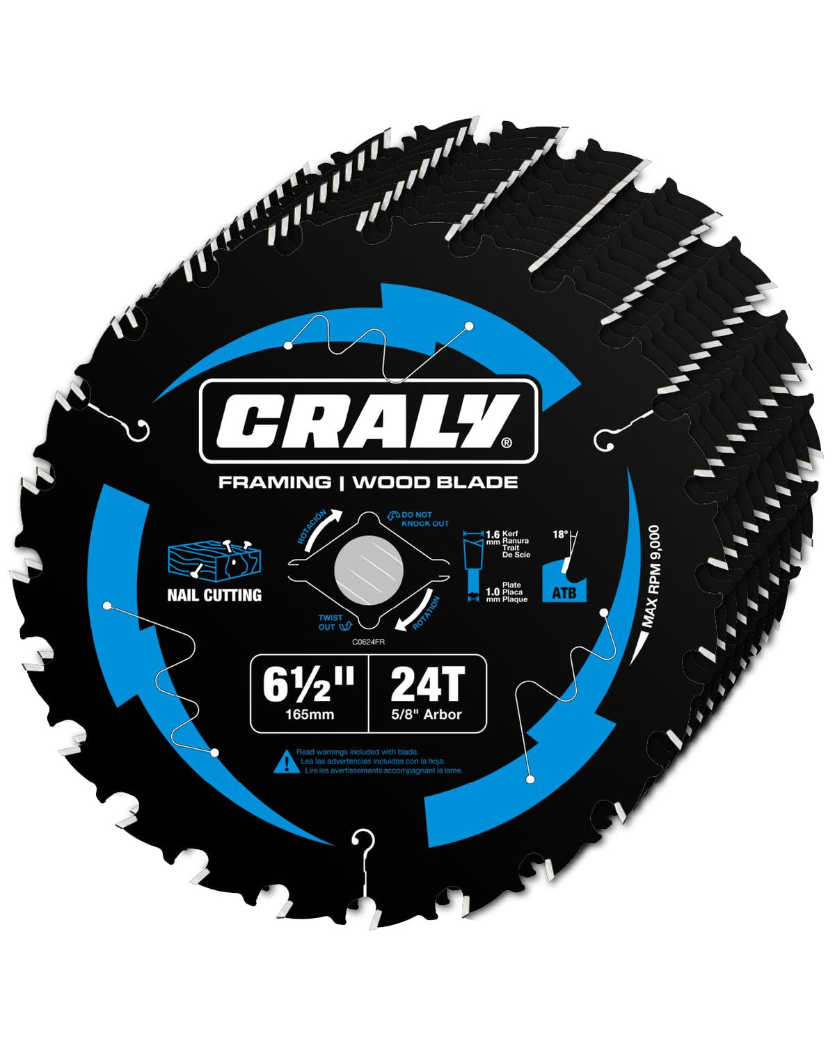 CRALY 6-1/2 Inch 24 Teeth Wood Cutting Framing Circular Saw Blade, 5/8 Inch Arbor, Carbide Tipped, Thin Kerf, Black Ice, for Plywood, MDF, OSB, Laminated, 10-Pack(C0624FR-10)