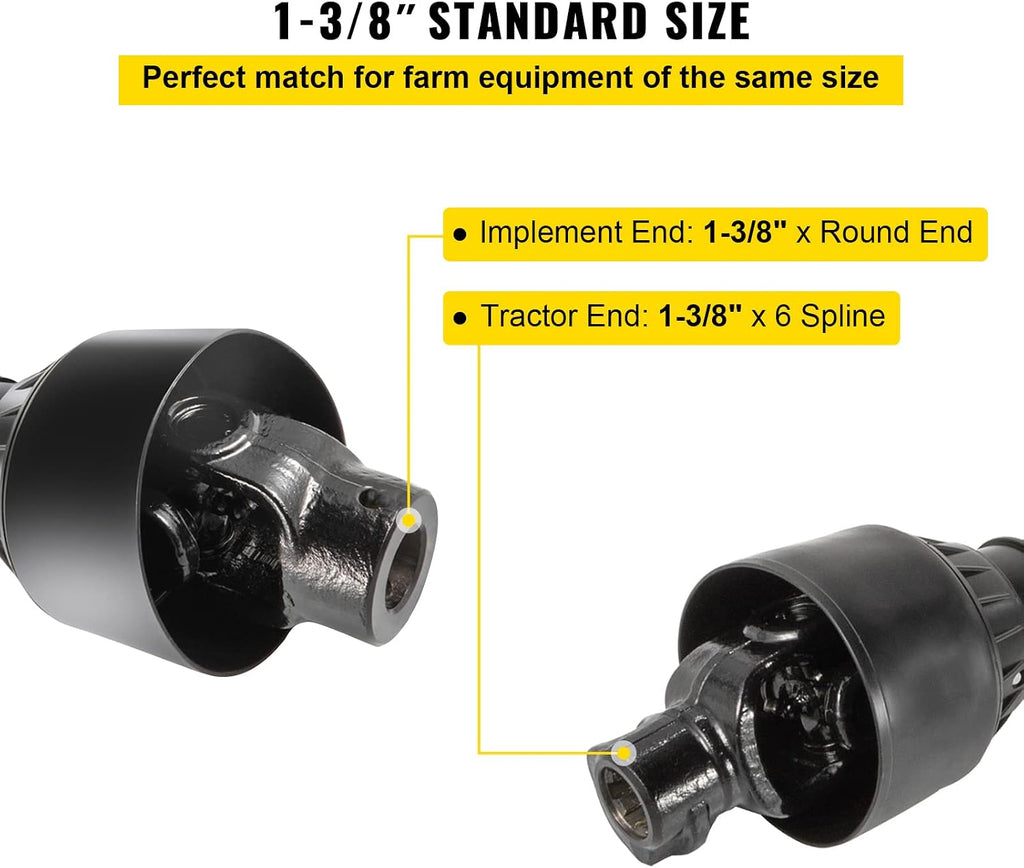 PTO Shaft, 1-3/8" PTO Drive Shaft, 6 Spline Tractor End and Round Implement End PTO Driveline Shaft, Tractor PTO