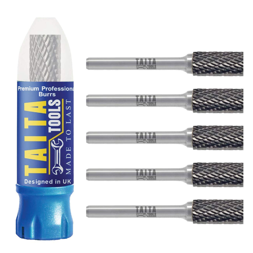 TaitaTools SA-3 Cylindrical Double-Cut Carbide Burr, 1/4 in Shank, 5 Pack