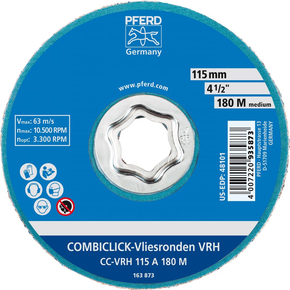 PFERD COMBICLICK Non-Woven Disc, Hard Type – 4-1/2" Diameter, Medium Grit, 10,500 RPM, Surface Conditioning (Pack of 10) – Part 48101