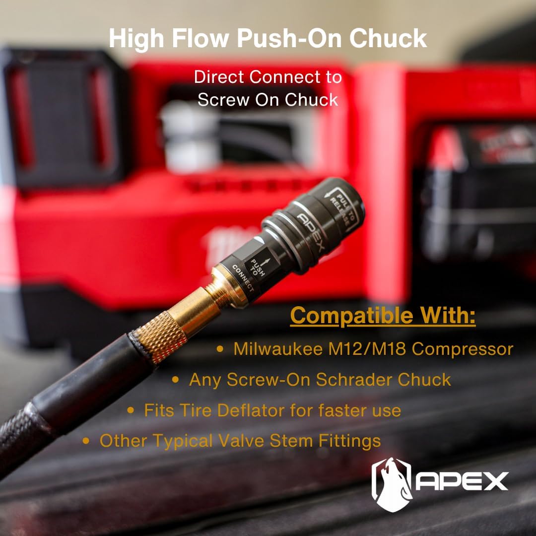 APEX High Flow Push On Air Chuck - Product Compatible with: Milwaukee M12 M18 Inflator - Air Up Faster