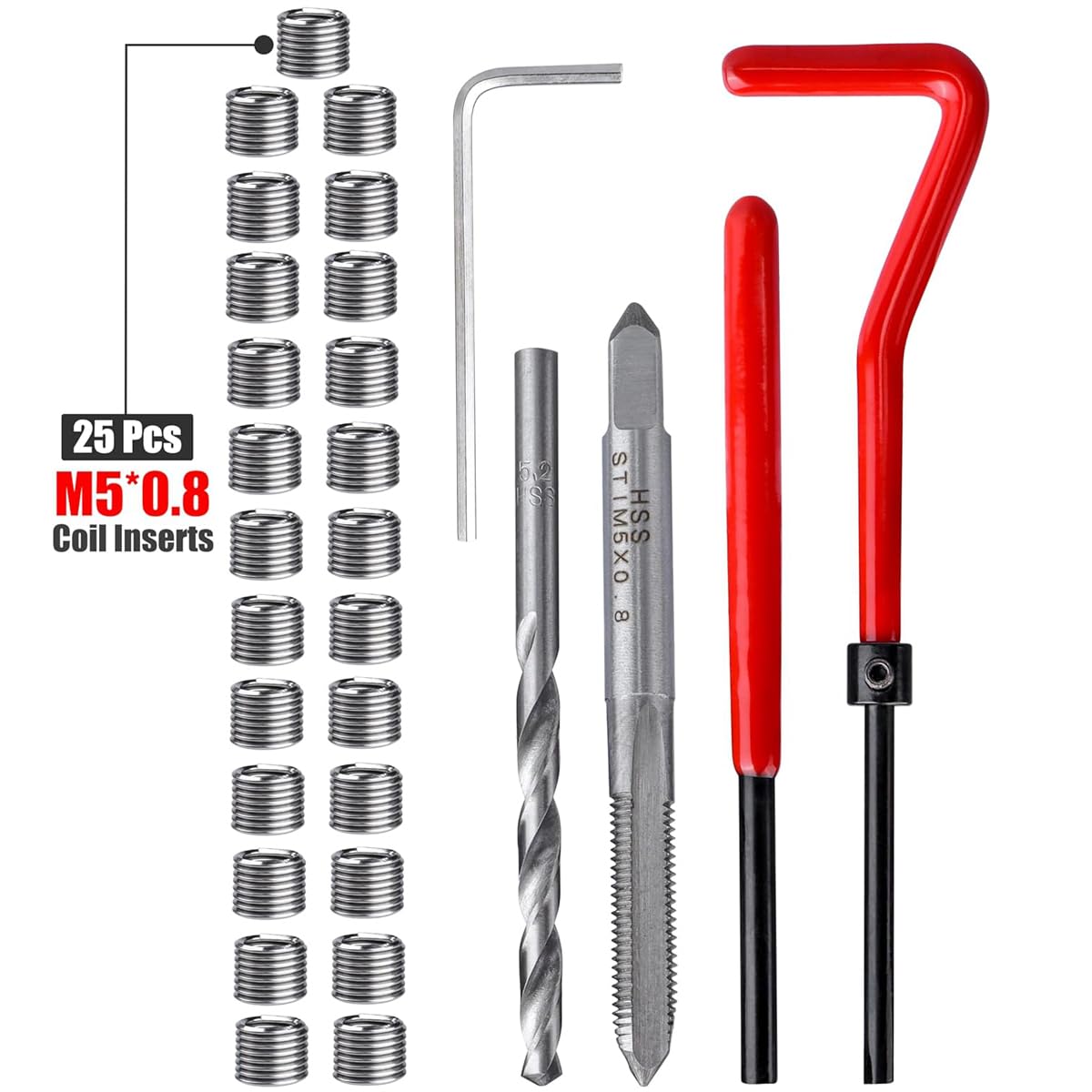 Wolfride 30PCS M5 Thread Repair Kit M5 x 0.8mm Helicoil Insertion Tool Thread Restoring Kit