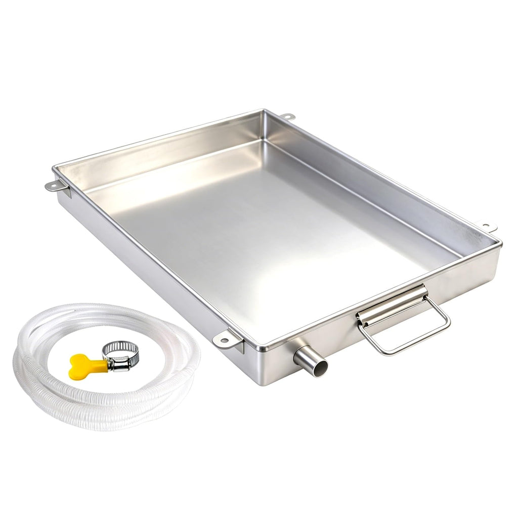 Heavy Duty 304 Stainless Steel Drip Pan Leak Proof Condensate Water Catcher with Drain Outlet Universal Design for HVAC AC Unit Washing Machine Kitchen Garage and Gardening use(20x8x0.8in)