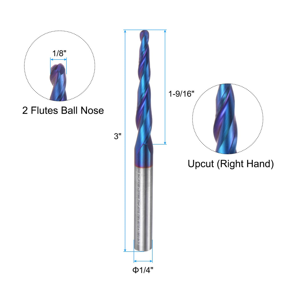uxcell Tapered Ball Nose End Mill CNC Router Bit, 1/16" Radius 1/4" Shank Solid Carbide Coated Upcut Spiral 2 Flutes Cutter Milling Tool, 1/8" Dia 3" Total Length