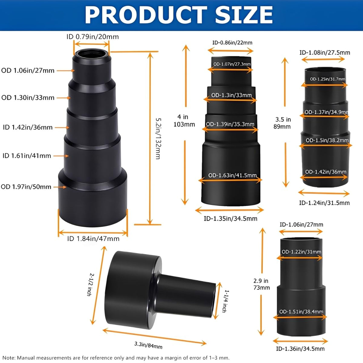 5 Pcs Vacuum Hose Adapter Universal Vacuum Adapter Kit for Dry Wet Shop Vacs- 2-1/2 to 1-1/4 Inch; 1-1/4 to 1-3/8 to 1-1/2 Inch; 1-3/8 to 1-1/4 Inch