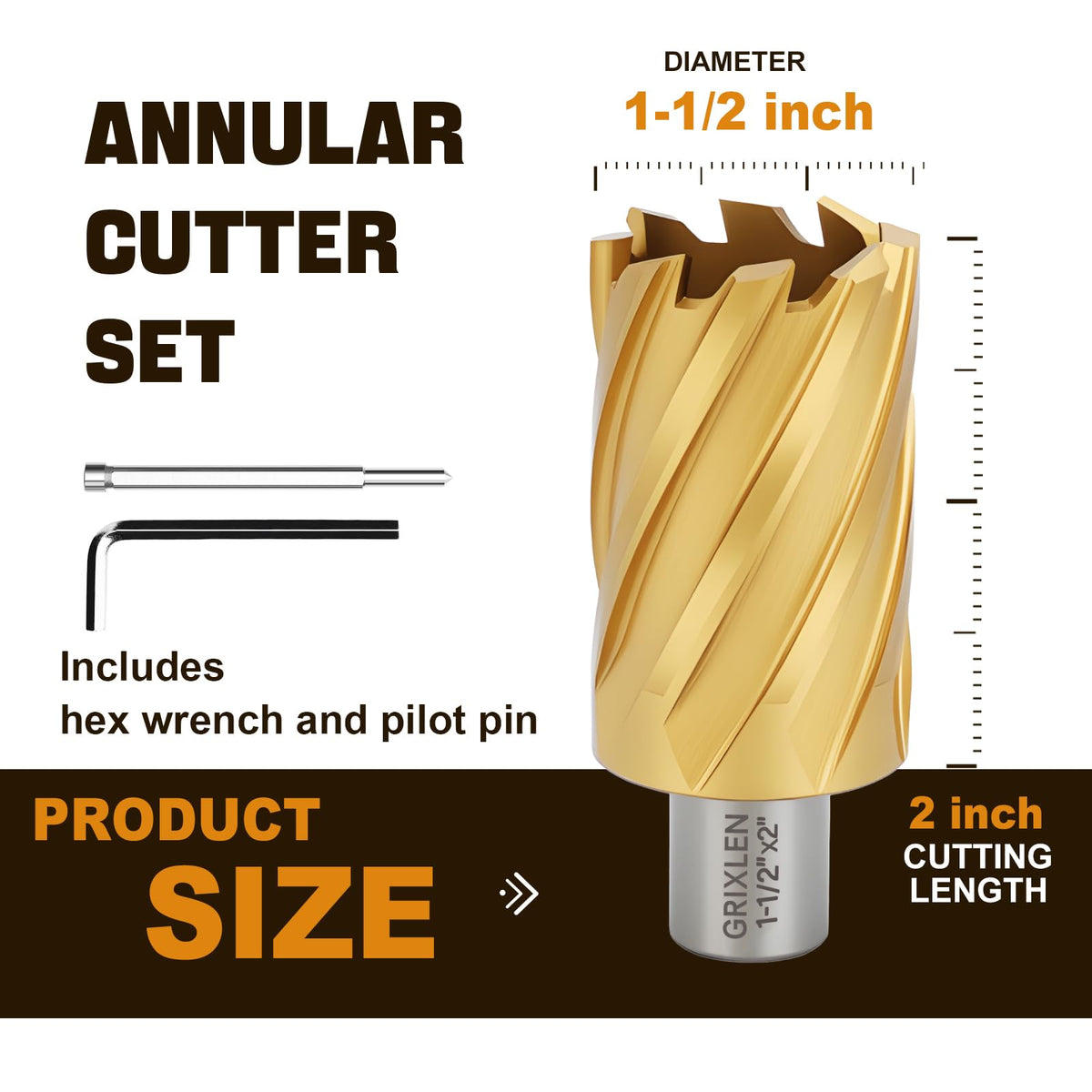 GRIXLEN 1-1/2"x2 HSS Annular Cutter，Diameter 1-1/2"，Cutting Depth 2"