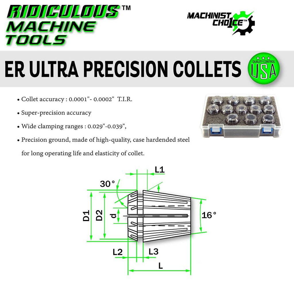 Ridiculous Machine Tools ER16 Ultra Precision Spring Collet Set 12 Piece (0.0001" T.I.R.) USA 100% Quality Control