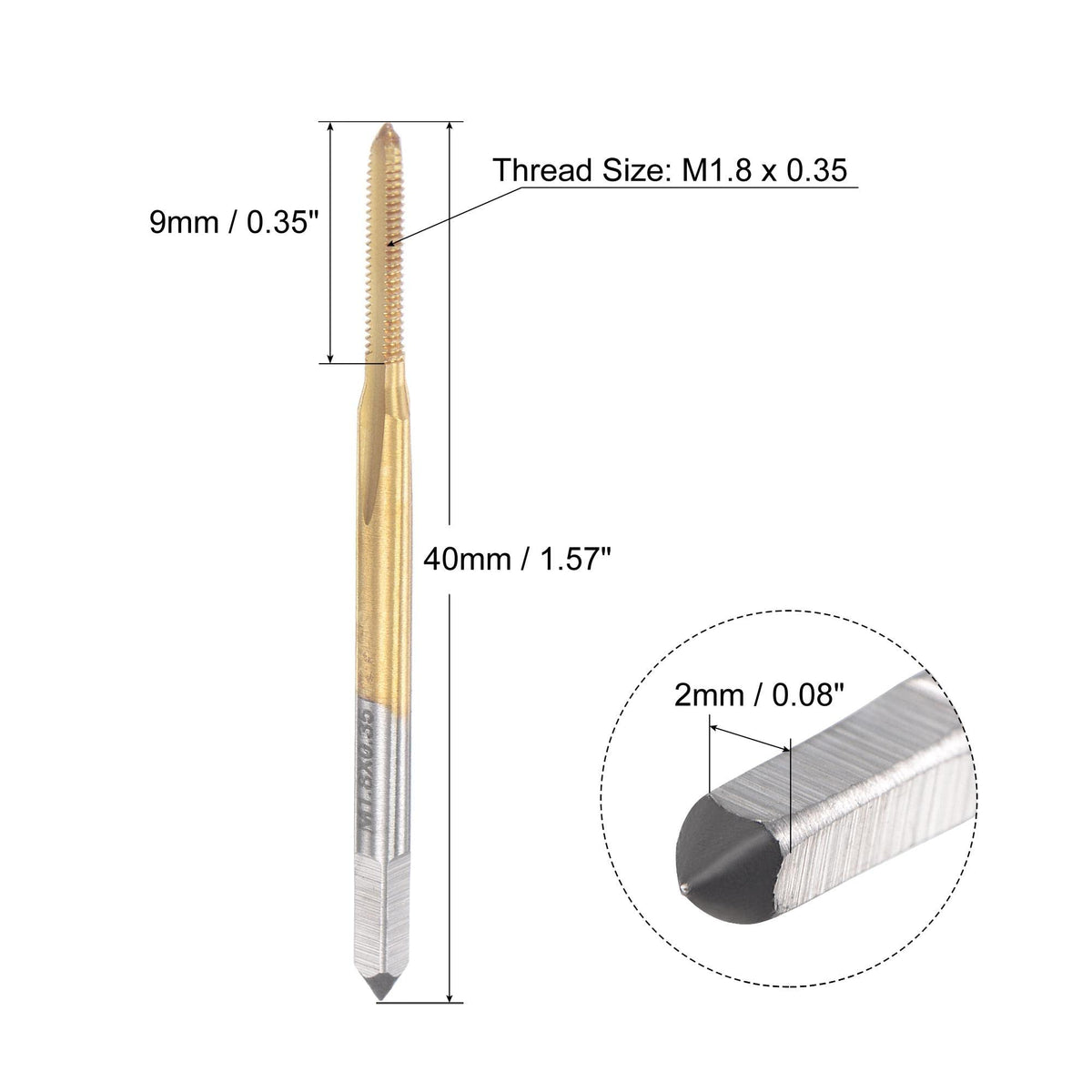 uxcell Thread Tap Metric M1.8 x 0.35, Titanium Coated Cobalt HSS (High Speed Steel) 3 Straight Flutes Machine Mini Micro Screw Threading Tapping Repair Tool for Watches and Clocks, 2pcs