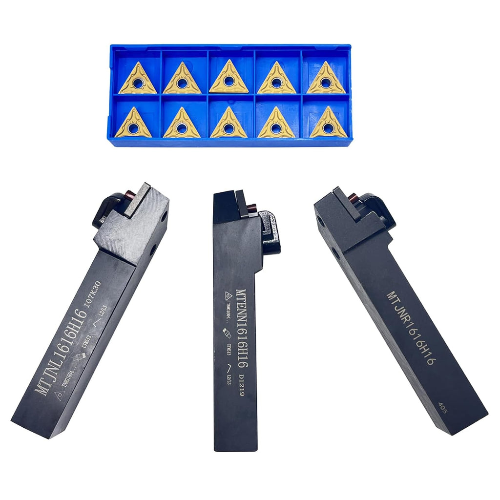 3pcs 5/8" 16mm Indexable Carbide Lathe Turning Tool Holder Set MTJNR1616H16+ MTJNL1616H16+MTENN1616H16 with 10pcs TNMG160404/TNMG331 Carbide Turning Insert (5/8" 16mm Turning Holders+TNMG Inserts)