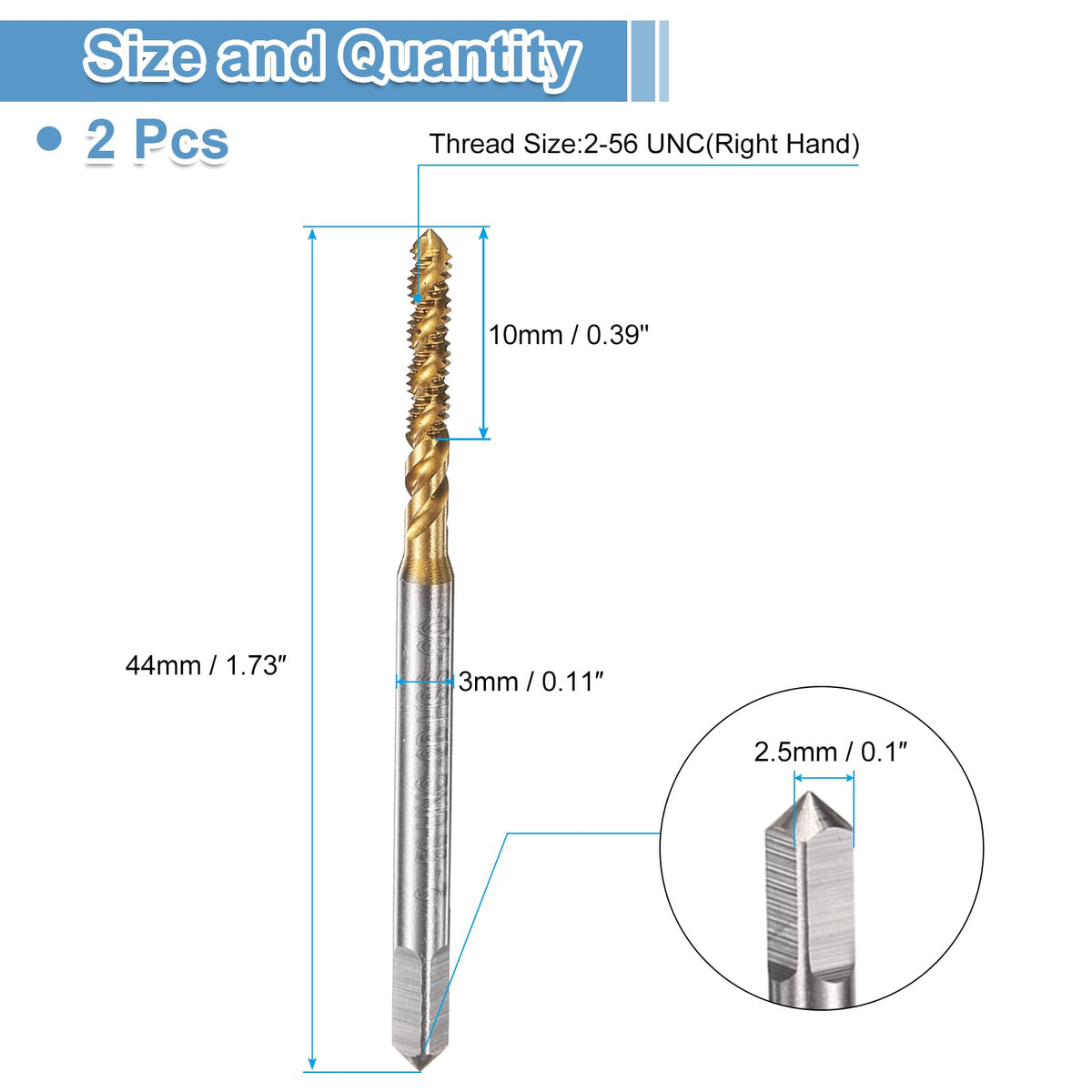 uxcell 2pcs Spiral Flute Thread Taps 2-56 UNC 2B Machine Threading Tap Bit, Titanium Coated Screw Tapping Repair Tool, M2 High-Speed Steel (HSS)