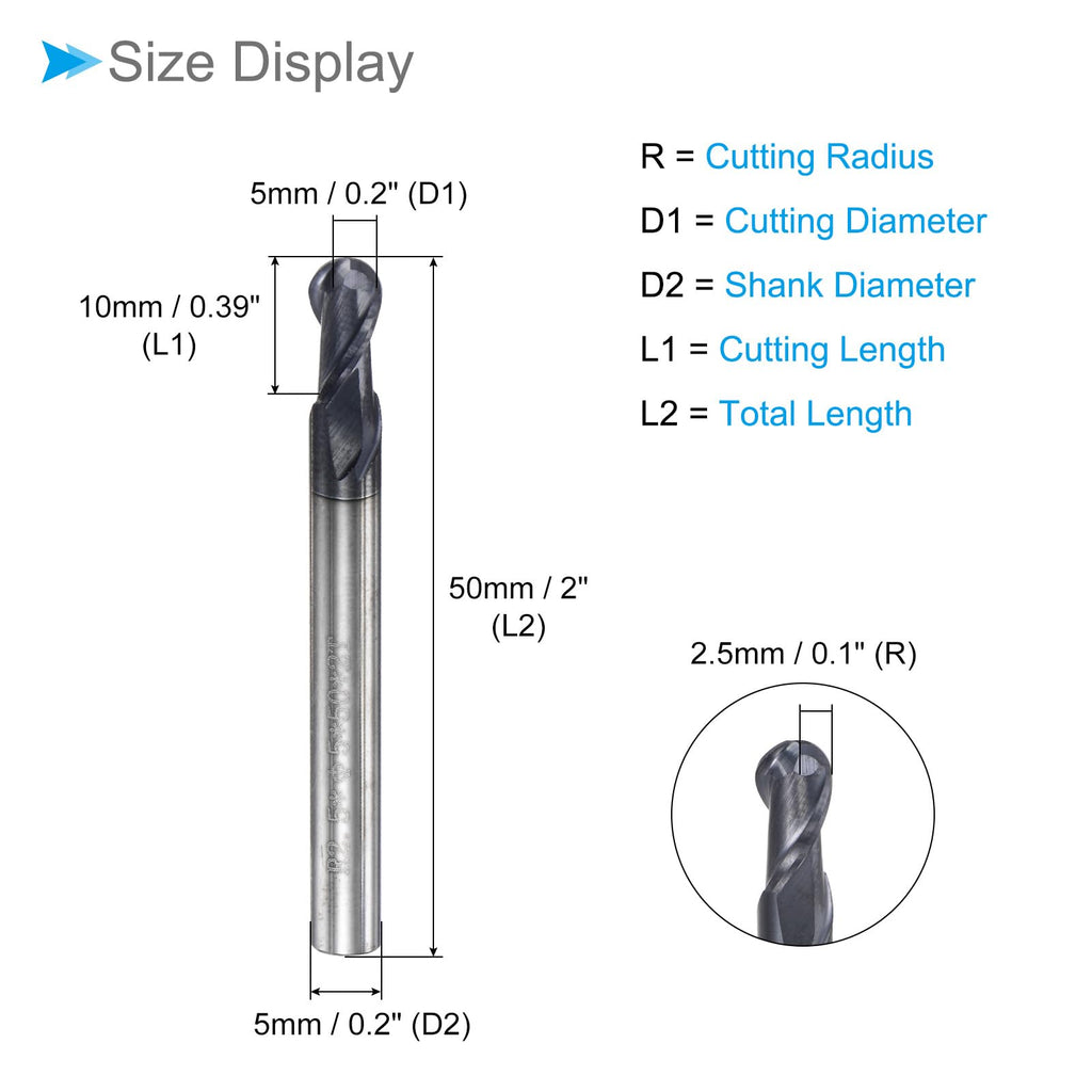 CoCud Ball Nose End Mill, 2.5mm Radius 5mm Shank 50mm Length, AlTiN Coated P05 Carbide 2 Flutes Milling Cutter CNC Router Bit - (Applications: for Stainless Steel Hardened Steel)
