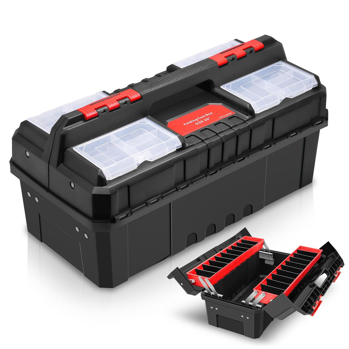 Foldable 2-layer Tool Box w/Non-Slip Handle Tray Storage, Red