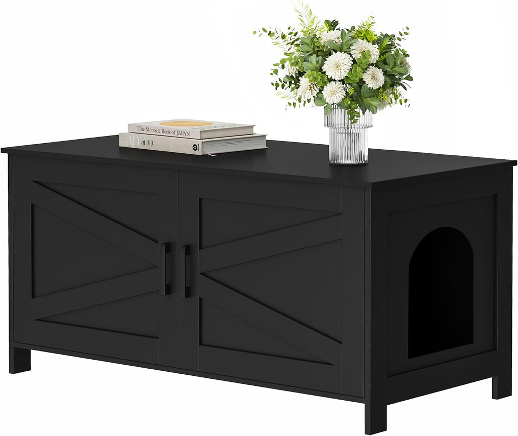 39.4" L Cat Litter Box Enclosure with Barn Door, Black